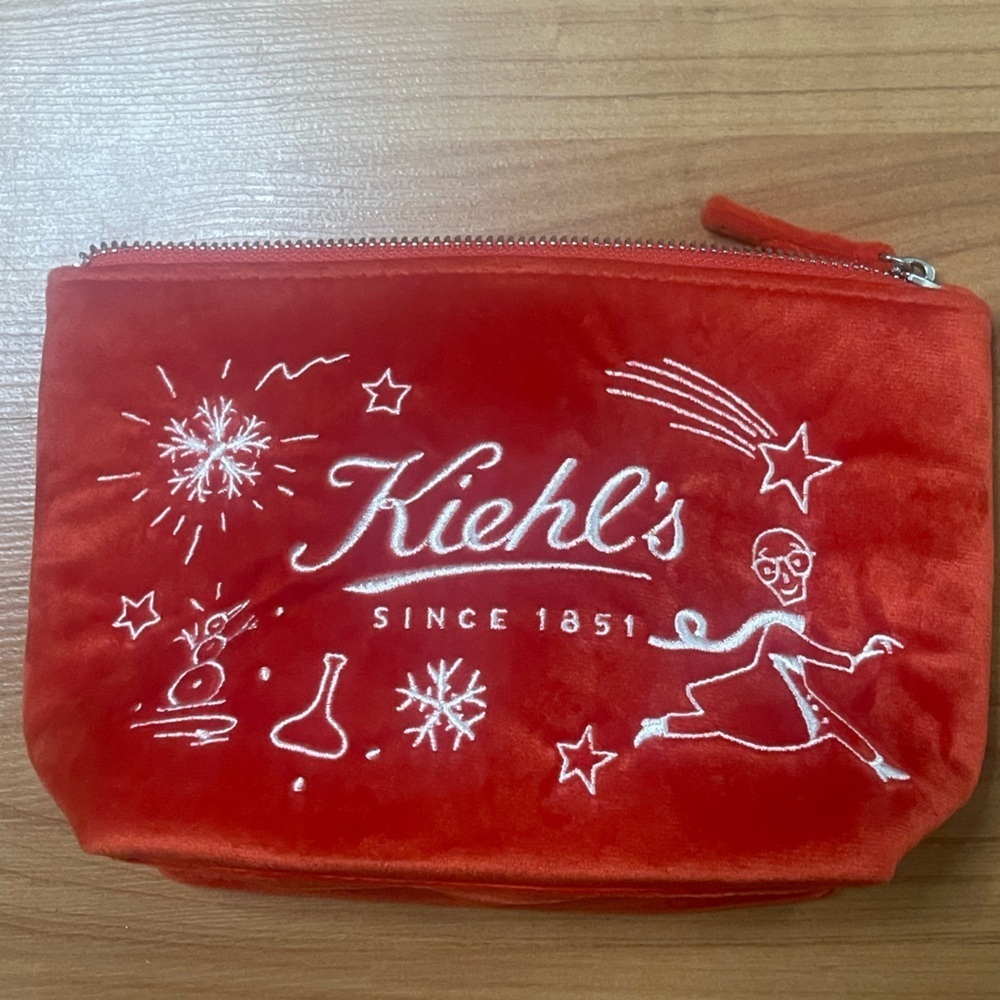 Kiehl's Red Soft Velvet Makeup Bag Cosmetic Pouch Holiday White Embroidery NWOT